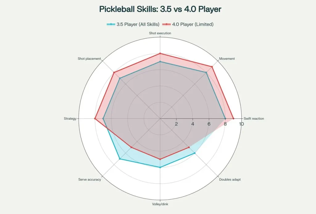 Chart explains differences between skills set of 3.5 vs 4.0 Pickleball players